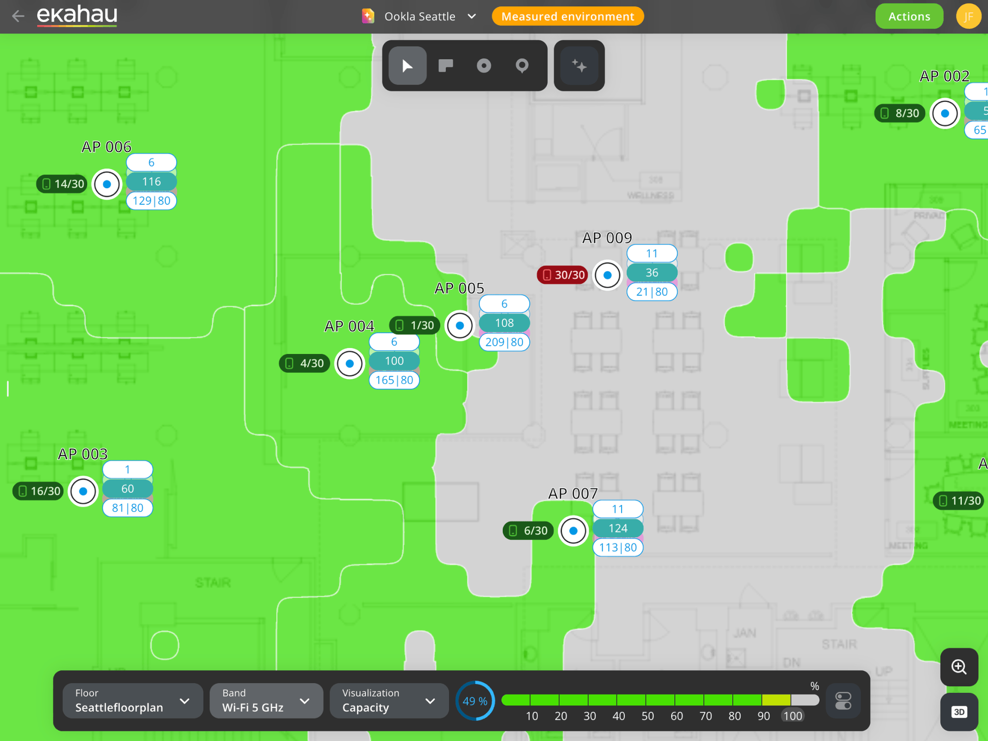 Healthcare network design — Ekahau capacity heatmap for high-density hospital Wi-Fi serving clinical voice, Epic Rover tablets, and RTLS asset tracking