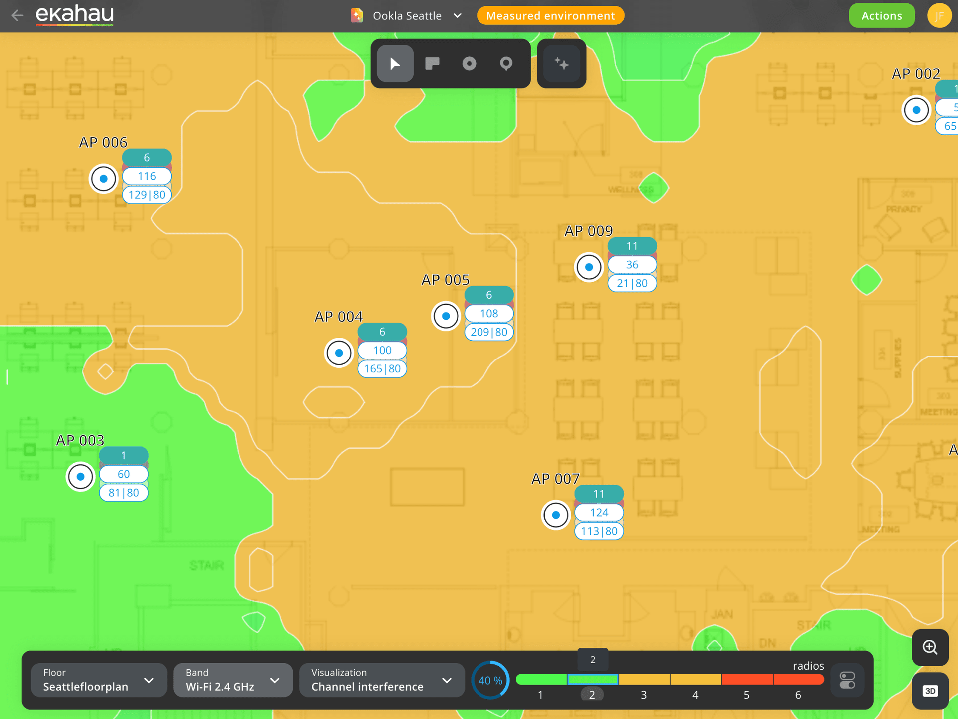 Casino gaming network design — Ekahau channel interference heatmap for high-density slot floor Wi-Fi, PCI-segmented cashless gaming, and surveillance network isolation