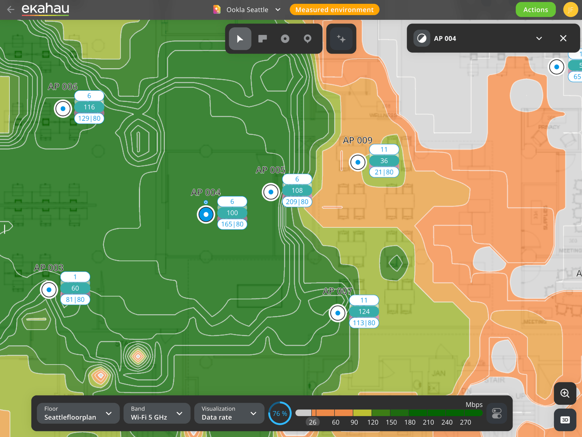 Warehouse network design — Ekahau data-rate and throughput heatmap across narrow-aisle racking, dock doors, and cold storage, validated with Sidekick 2