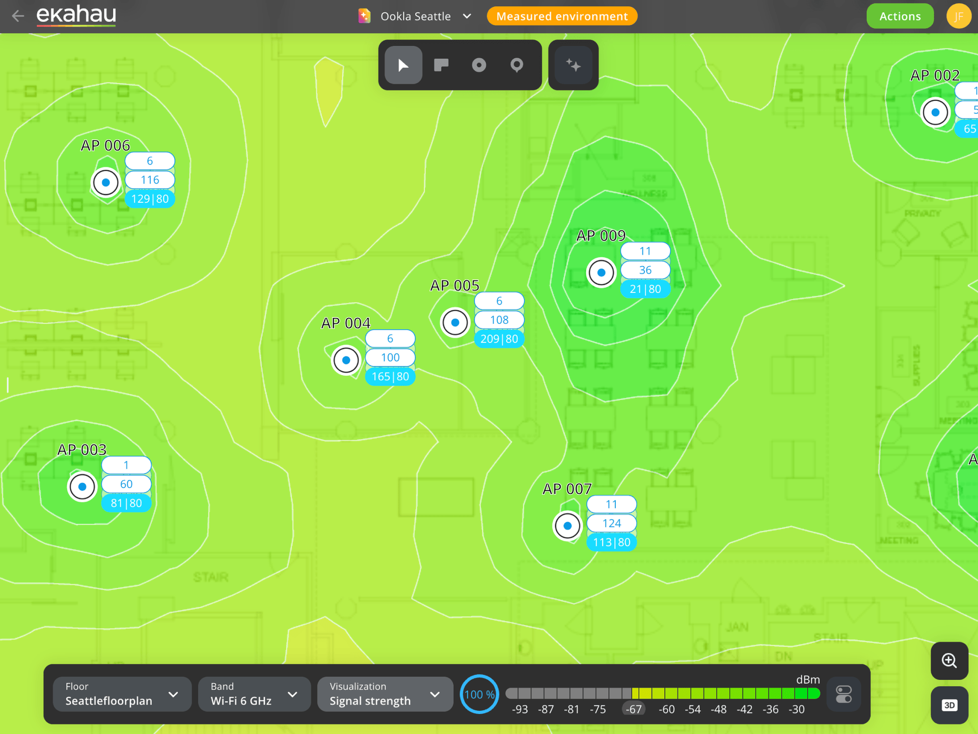 Wi-Fi 7 enterprise deployment primary and secondary signal strength heatmap — Ekahau validation